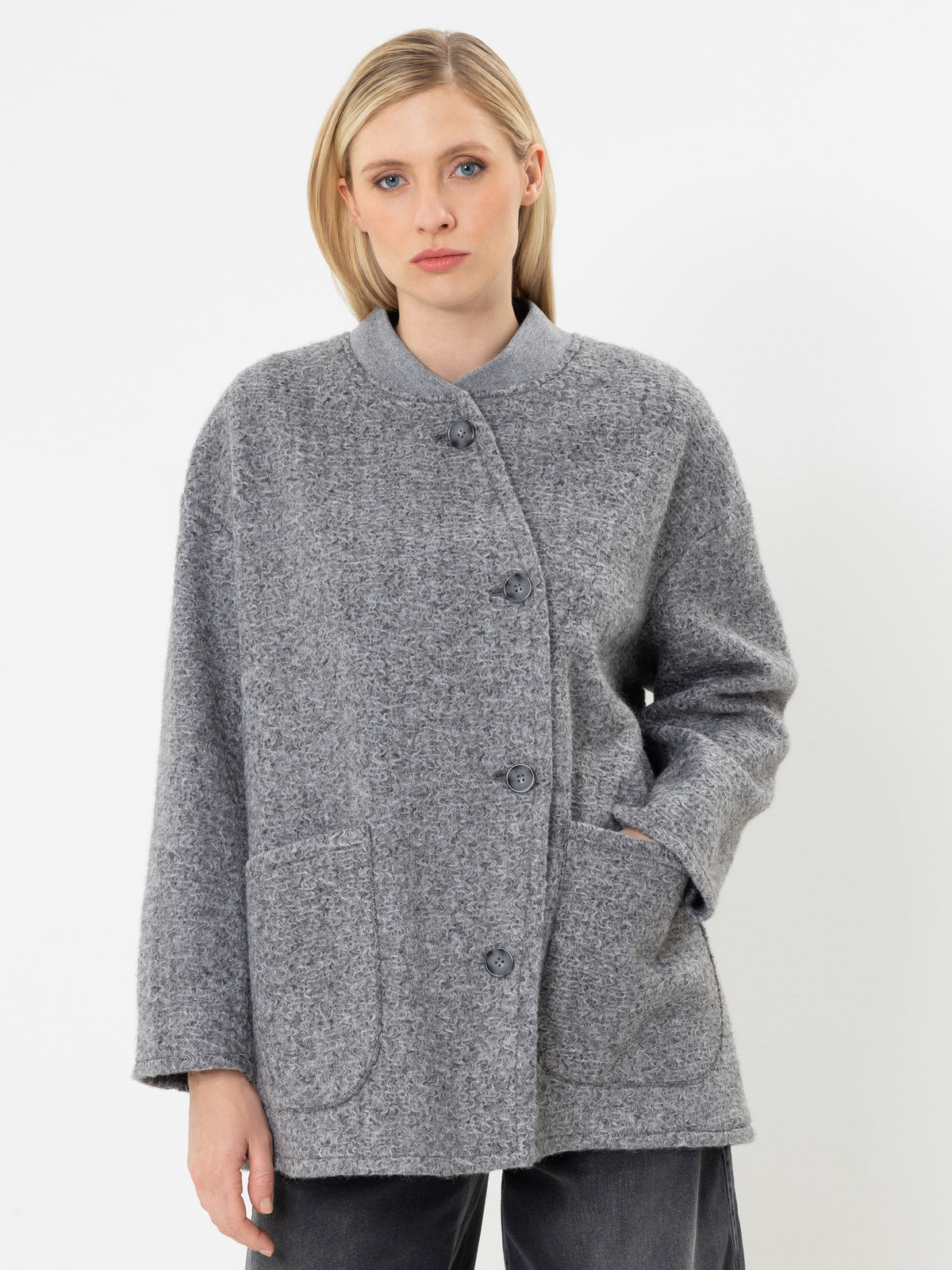 Herrlicher Franka Wollfleece-Jacke in Grey Melange – Frontansicht