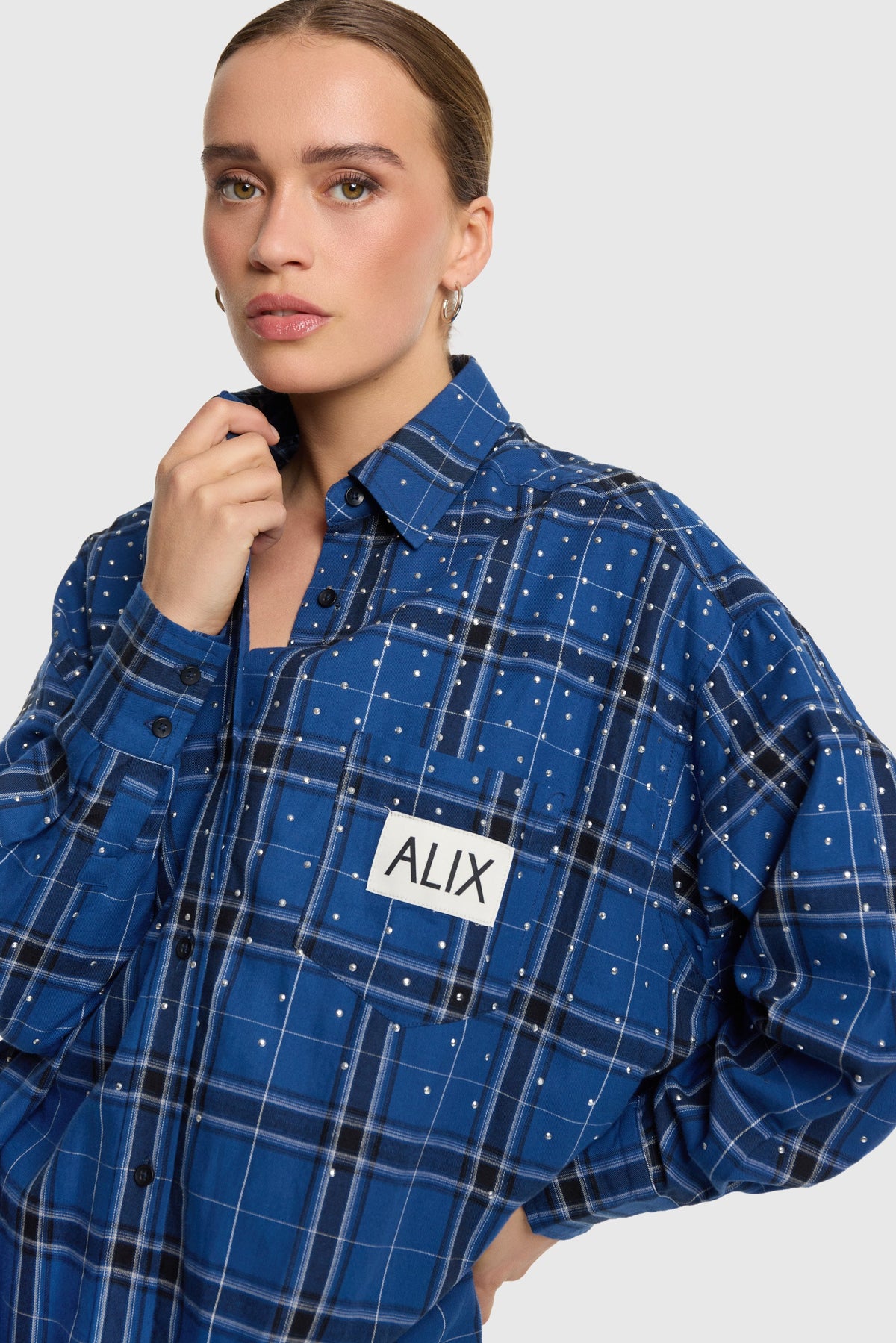 ALIX The Label Studded Check Blouse Dress – Dunkelblau – Ansicht 3