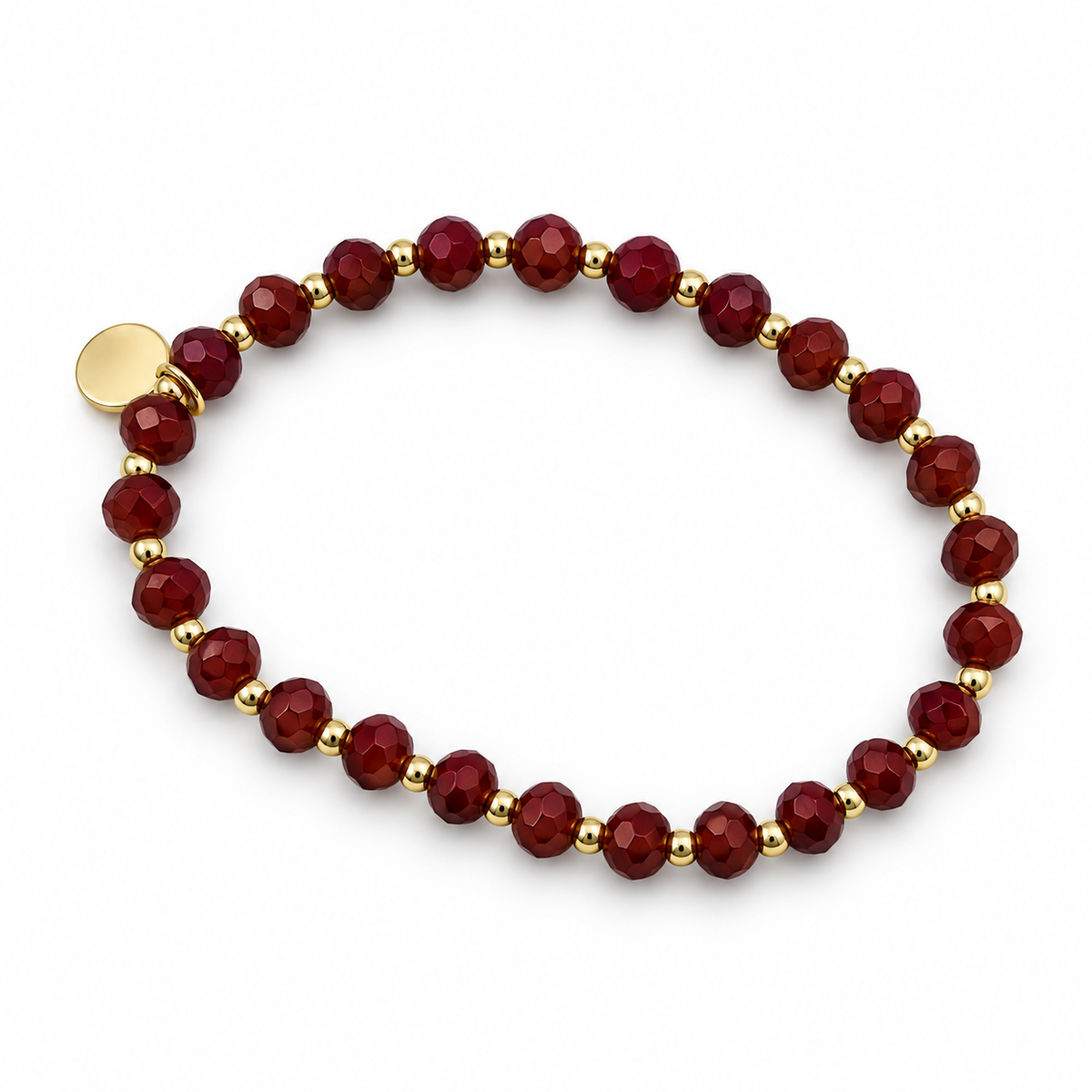 Armband mit großen bordeauxfarbenen Facettenperlen und goldenen Zwischenperlen