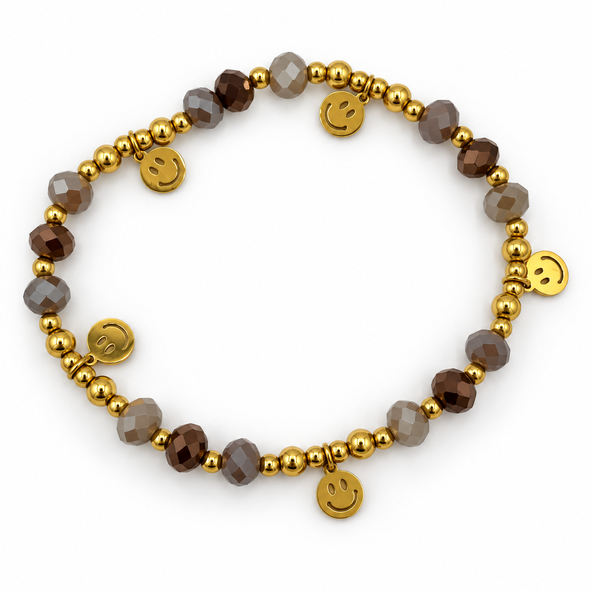 Smiley-Armband mit goldfarbenen Anhängern und braun-grauen Facettenperlen