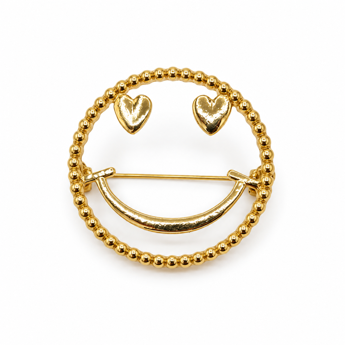 Goldfarbene Smiley-Brosche mit Herzaugen – Vorderseite