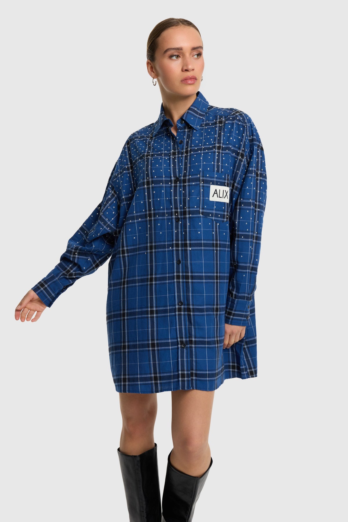 ALIX The Label Studded Check Blouse Dress – Dunkelblau – Ansicht 1