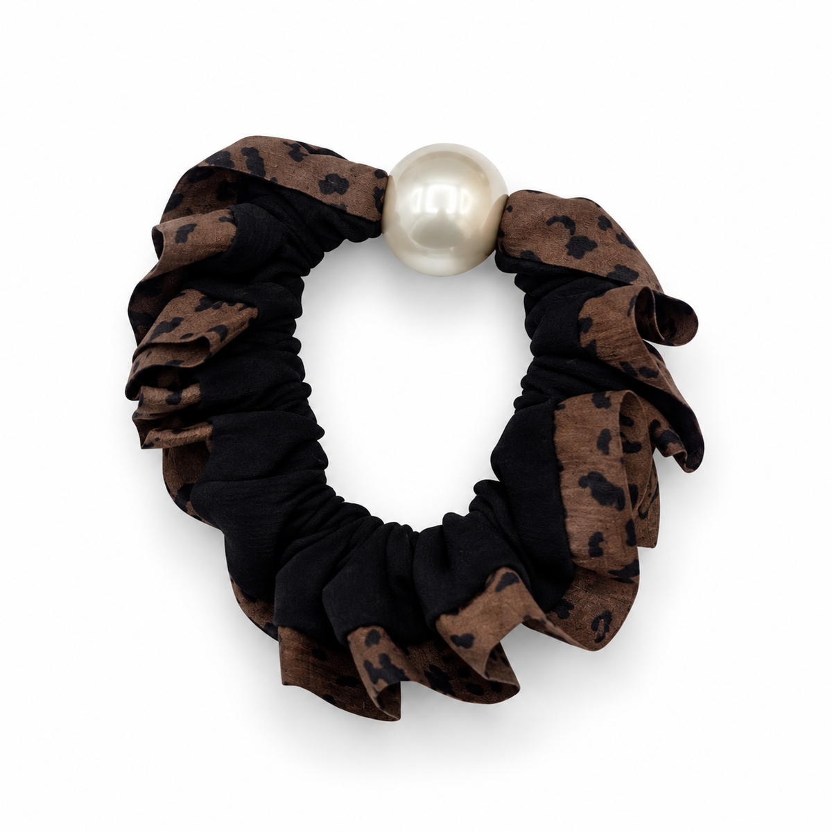 Leo-Scrunchie Schwarz und Braun mit weißer Perle